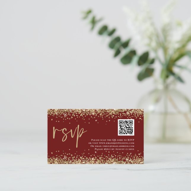 Glam QR Code Gold Glitzer Wedding Burgundy UAWG Begleitkarte (Stehend Vorderseite)