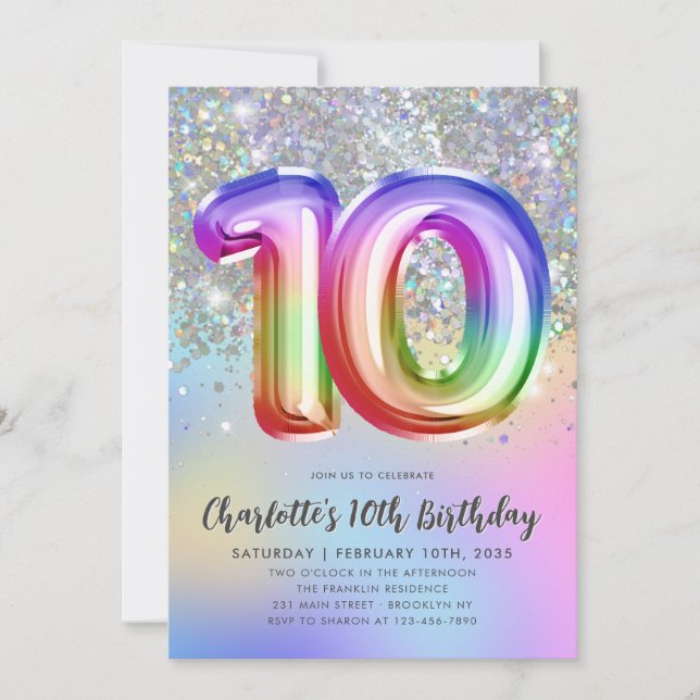 Glam Rainbow Glitzer Foil Ballon 10. Geburtstag Einladung (Vorderseite)