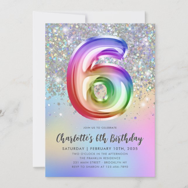 Glam Rainbow Glitzer Foil Ballon 5th Birthday Einladung (Vorderseite)