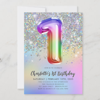 Glam Rainbow Glitzer Foil Pastel Girl 1. Geburtsta Einladung