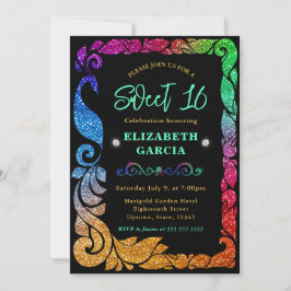Glam Rainbow Gradient Glitzer Peacock Sweet 16 Einladung