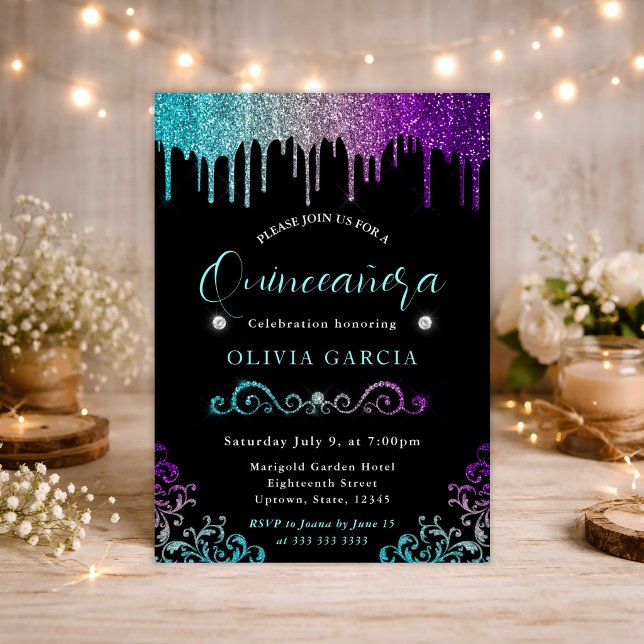 Glam Rainbow Gradient Glitzer Quinceanera Einladung (Von Creator hochgeladen)