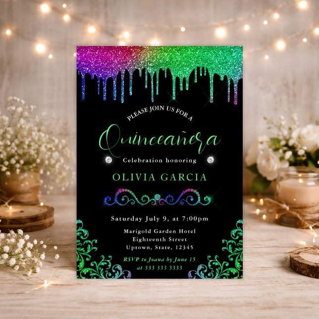 Glam Rainbow Gradient Glitzer Quinceanera Einladung (Von Creator hochgeladen)