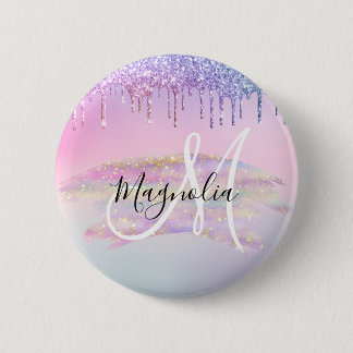 Glam Rainbow Unicorn Ombre Glitzer Pink Monogram Button