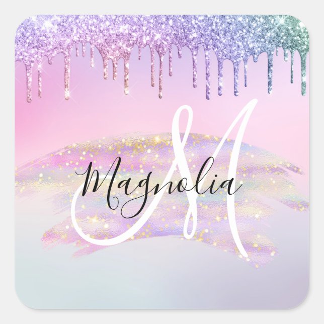 Glam Rainbow Unicorn Ombre Glitzer Pink Monogram Quadratischer Aufkleber (Vorderseite)