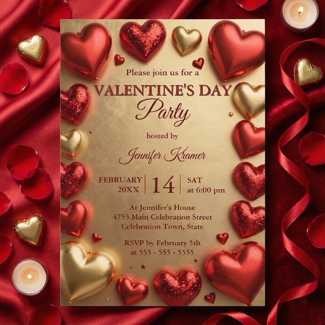 Glam Red and Gold 3D Hearts Valentine's Day Party Einladung (Von Creator hochgeladen)