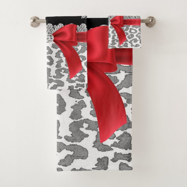 Glam Red Bow-Grey Leopard-Silver Floral Glitzern Badhandtuch Set (Insitu)