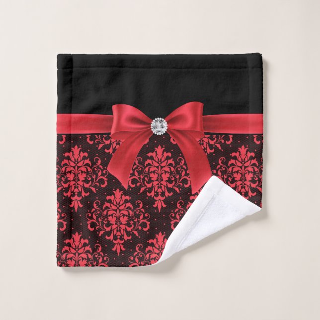 Glam Red Bow-Red Lace-Black Badhandtuch Set (Waschlappen)