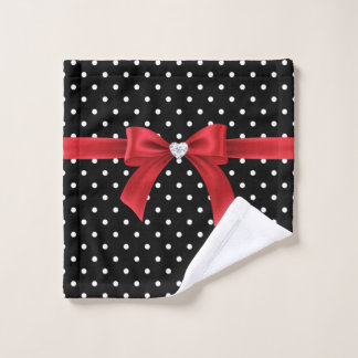 Glam Red Bow-White Polka Dots Black Badhandtuch Set