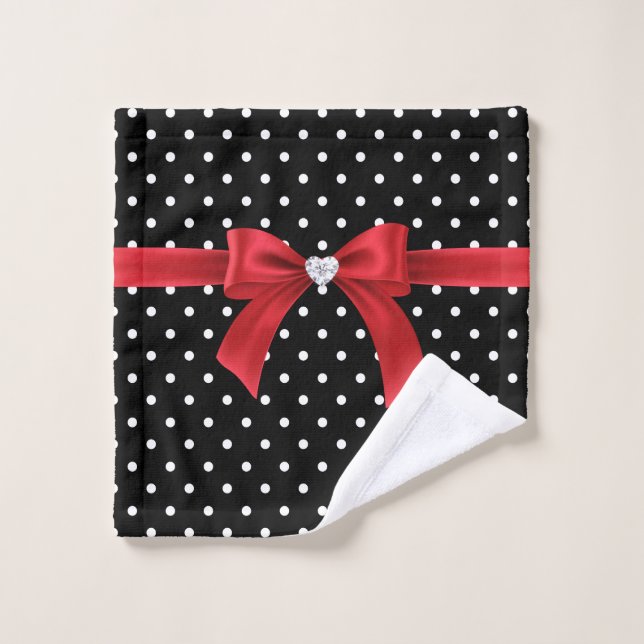 Glam Red Bow-White Polka Dots Black Badhandtuch Set (Waschlappen)