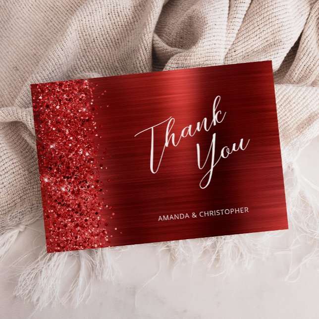 Glam Red Brushed Metal Wedding Flat Thank You Karte (Von Creator hochgeladen)