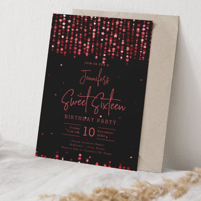 Glam Red Falling Stars Sweet 16 Birthday Party Einladung (Glam Red Falling Stars Sweet 16 Birthday Party Invitation)