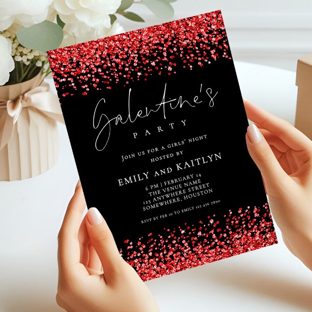 Glam Red Glitzer Borders Black Galentines Party Einladung (Von Creator hochgeladen)