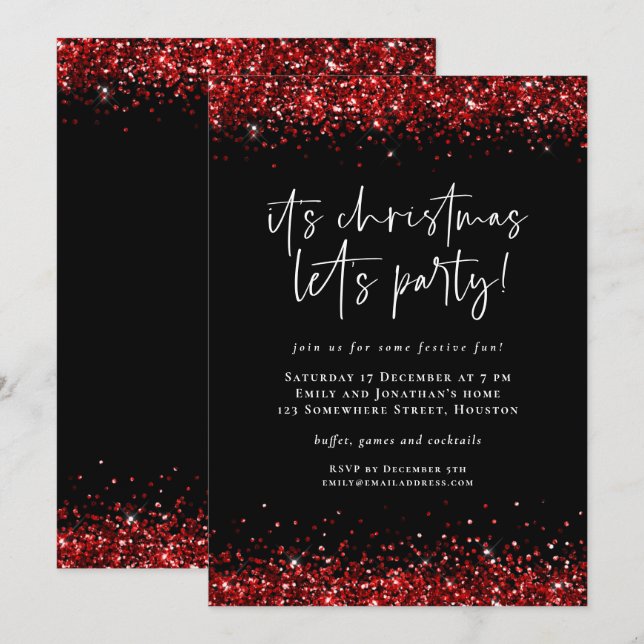 Glam Red Glitzer Borders Lasse Party Weihnachten Einladung (Vorne/Hinten)