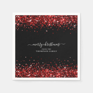 Glam Red Glitzer Name MerChristmas Black Serviette