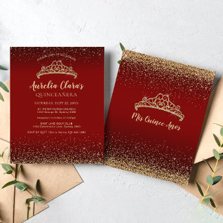 Glam Red Gold Glitzer Tiara Quinceanera