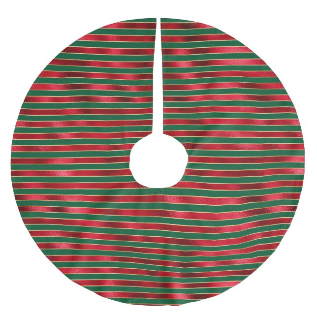 Glam Red Green Gold Streifen Polyester Weihnachtsbaumdecke (Vorderseite)