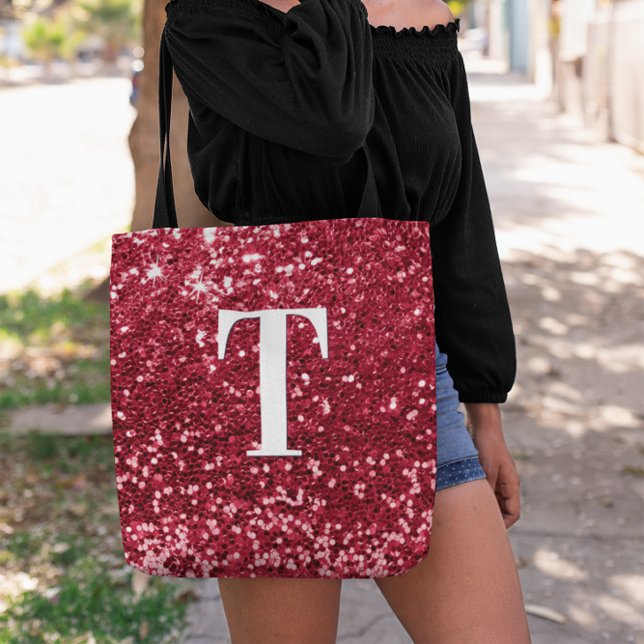 Glam Red Imitats Glitzer Bokeh Glitzern Monogram (Red Chunky Glitter Monogram Tote Bag)