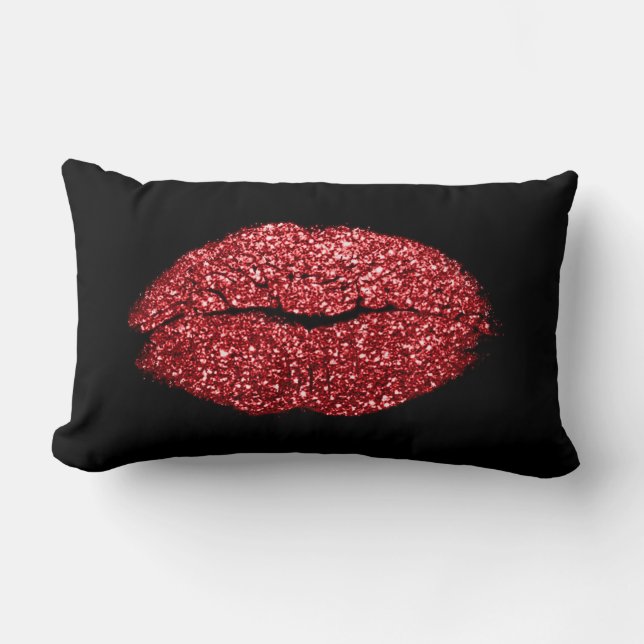 Glam Red Lips Glitzer Black Makeup Kiss Lendenkissen (Vorderseite)