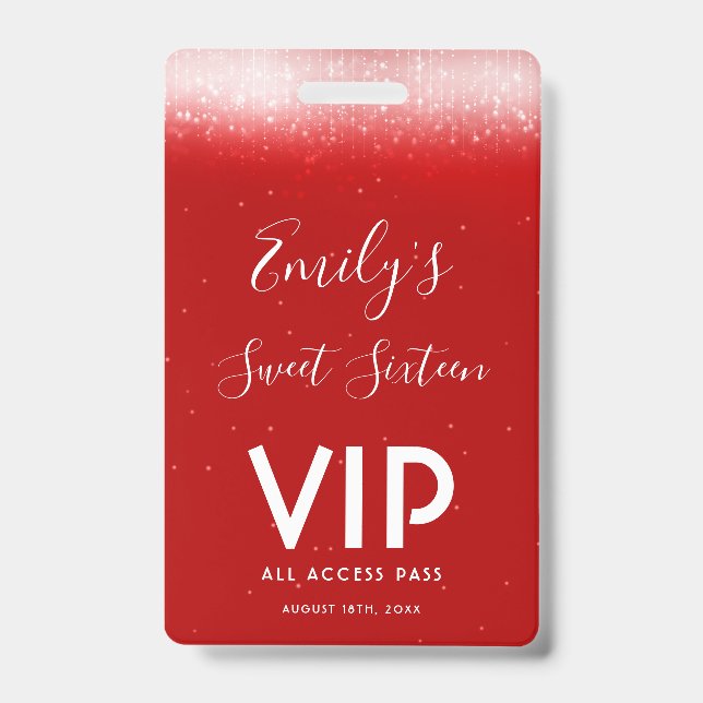Glam Red Sweet 16 Einladung VIP Pass Abzeichen Ausweis (Vorderseite)