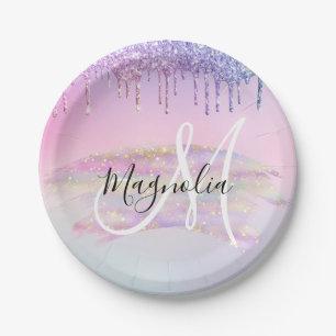 Glam Regenbogen Einhorn Ombre Glitter Rosa Monogra Pappteller