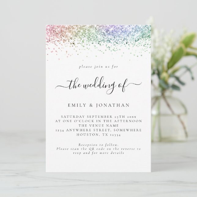 Glam Regenbogen Glitter QR-Code Hochzeit Einladung (Stehend Vorderseite)