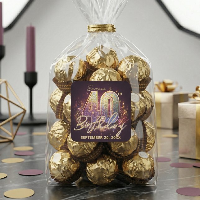 Glam Retro Disco Ball 40th Birthday Party Quadratischer Aufkleber (Von Creator hochgeladen)