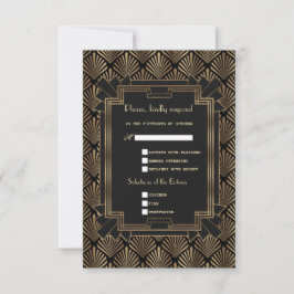Glam Roaring 20's Gold Black Great Gatsby Wedding RSVP Karte