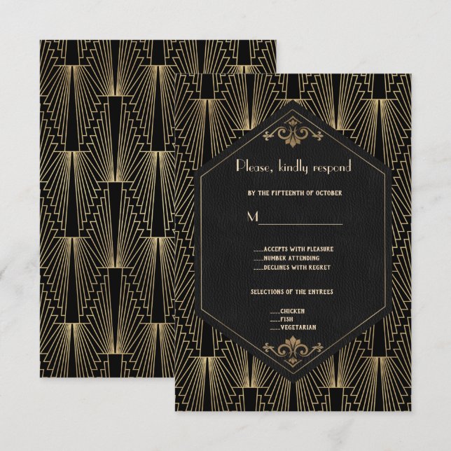 Glam Roaring 20s Great Gatsby Art Deco Wedding RSVP Karte (Vorne/Hinten)
