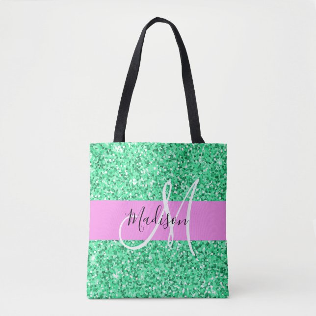 Glam Rosa und grüner Glitzer Glitzern Monogram Nam (Vorderseite)
