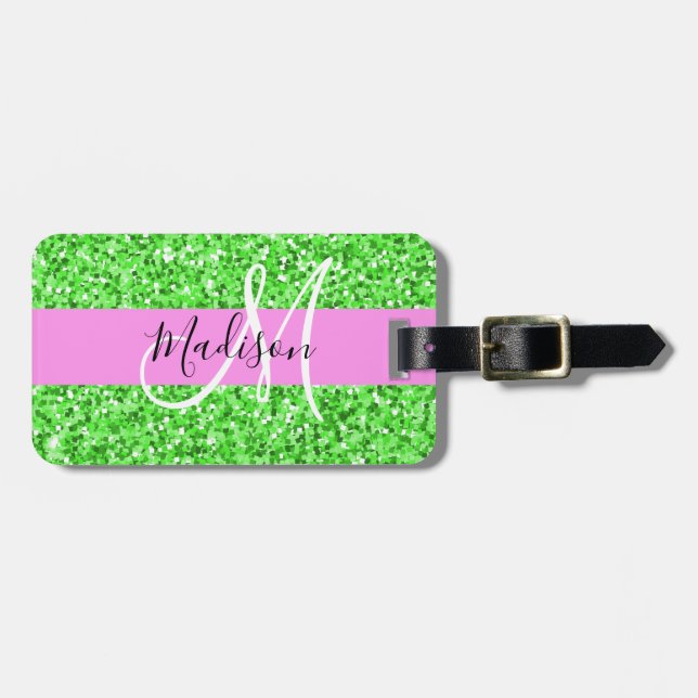 Glam Rosa und grüner Glitzer Glitzern Monogram Nam Gepäckanhänger (Vorderseite horizontal)