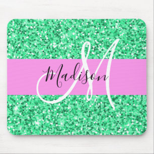 Glam Rosa und grüner Glitzer Glitzern Monogram Nam Mousepad