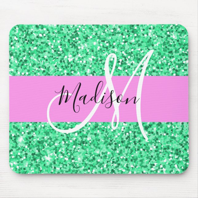 Glam Rosa und grüner Glitzer Glitzern Monogram Nam Mousepad (Vorne)