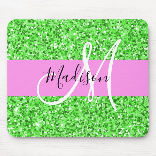 Glam Rosa und grüner Glitzer Glitzern Monogram Nam Mousepad (Vorne)