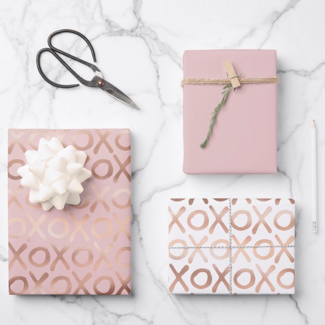 Glam Rose Gold Blush XOXO Geschenkpapier Set (Vorderseite)