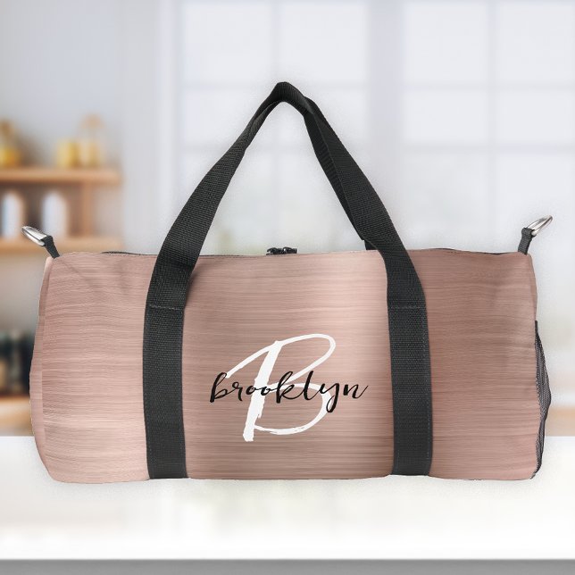 Glam Rose Gold Brushed Metal Schwarz-weiß Monogram Duffle Bag (Von Creator hochgeladen)