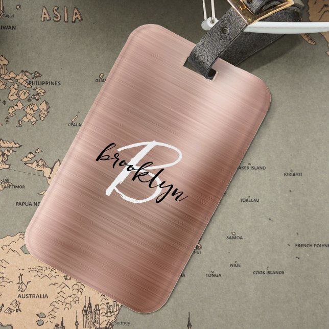 Glam Rose Gold Brushed Metal Schwarz-weiß Monogram Gepäckanhänger (Von Creator hochgeladen)