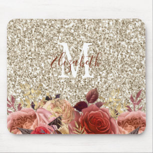 Glam Rose Gold Floral Monogram Glitzer Mousepad