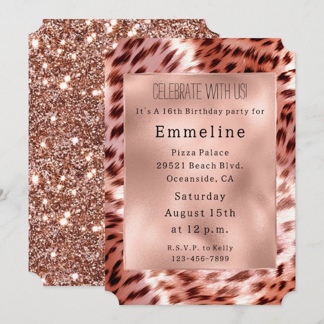 Glam Rose Gold Fur Leopard Einladung (Vorne/Hinten)