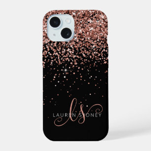 Glam Rose Gold Glitter Elegantes Monogramm iPhone 15 Hülle