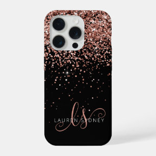 Glam Rose Gold Glitter Elegantes Monogramm iPhone 15 Pro Hülle