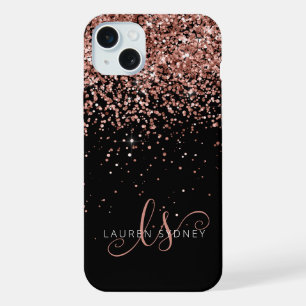 Glam Rose Gold Glitter Elegantes Monogramm iPhone 15 Plus Hülle