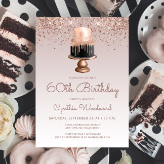 Glam Rose Gold Glitzer Cake 60. Geburtstagsparty Einladung