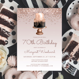 Glam Rose Gold Glitzer Cake 70. Geburtstagsparty Einladung