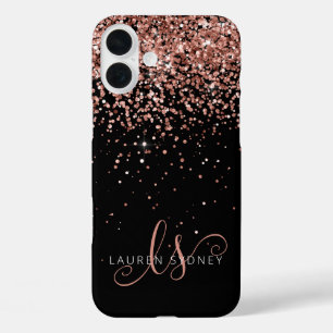 Glam Rose Gold Glitzer Elegantes Monogramm iPhone 16 Plus Hülle