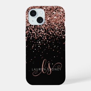 Glam Rose Gold Glitzer Elegantes Monogramm iPhone 15 Hülle