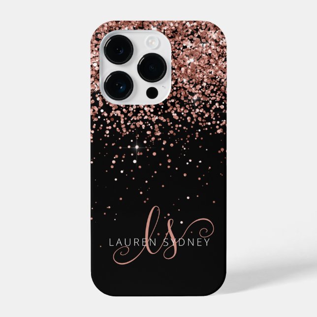 Glam Rose Gold Glitzer Elegantes Monogramm iPhone Hülle (Rückseite)