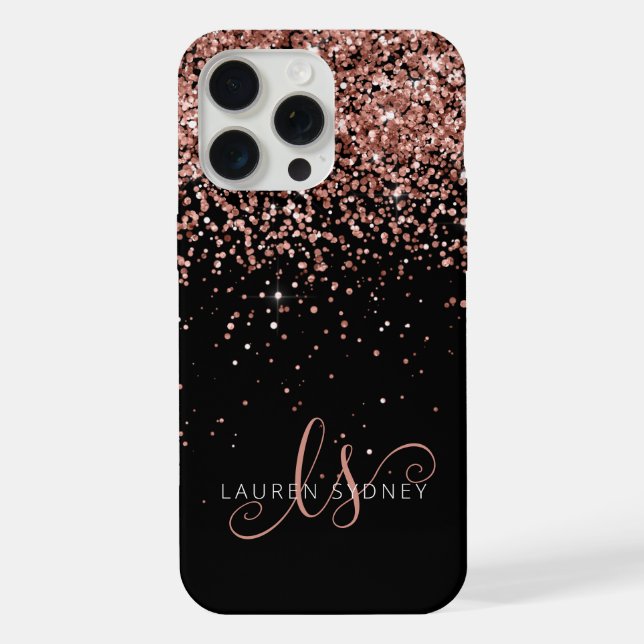 Glam Rose Gold Glitzer Elegantes Monogramm iPhone Hülle (Rückseite)