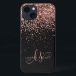 Glam Rose Gold Glitzer Elegantes Monogramm iPhone 13 Hülle<br><div class="desc">Glam Rose Gold Glitzer Elegant Monogram iPhone Case. Dieses schicke Gehäuse mit elegantem,  vergoldeten Glitzer in der Rose auf schwarzem Hintergrund ist einfach zu personalisieren. Das Design enthält Ihr handgeschriebenes Skriptmonogramm mit hübschen Wirbel und Namen.</div>