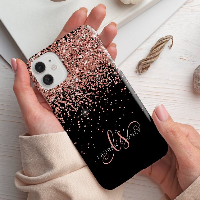 Glam Rose Gold Glitzer Elegantes Monogramm iPhone Hülle (Von Creator hochgeladen)